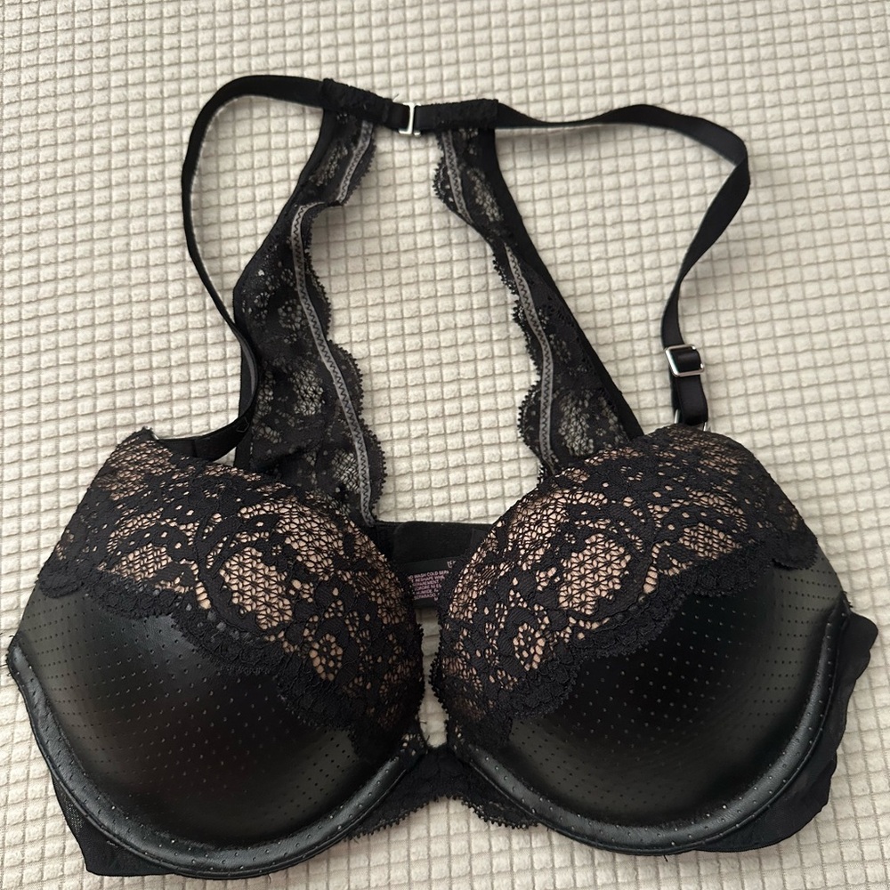 Victoria's Secret Black Lace and faux leather Bombshell Push up Bra
